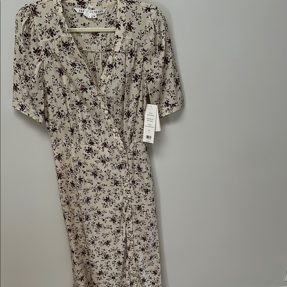 Veronica Beard Cream Multi color Buttoned Midi Dress with Puff Sleeves